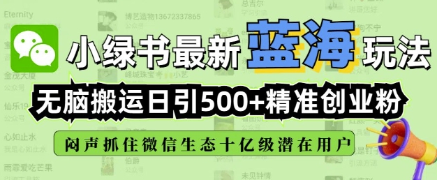 小绿书无脑搬运引流，全自动日引500精准创业粉，微信生态内又一个闷声发财的机会万项网-开启副业新思路 – 全网首发_高质量创业项目输出万项网